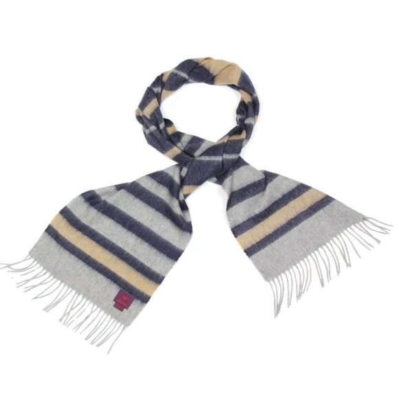 PHENIX Stylish Gray Blue Tan Striped Scarf with Fringe Wool Blend 34" -130 - Picture 1 of 3